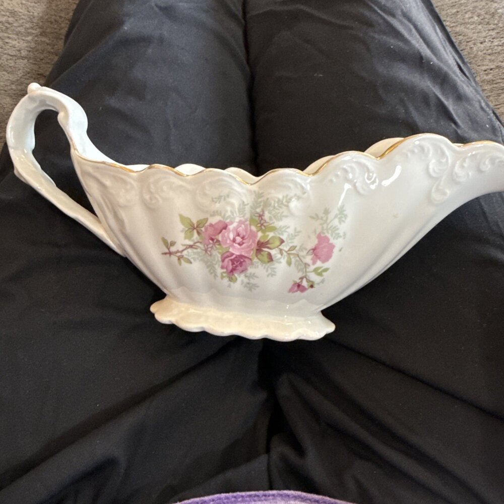 Dresden Gravy Boat Semi Porcelain Pink Cabbage Roses 2 Light Cracks